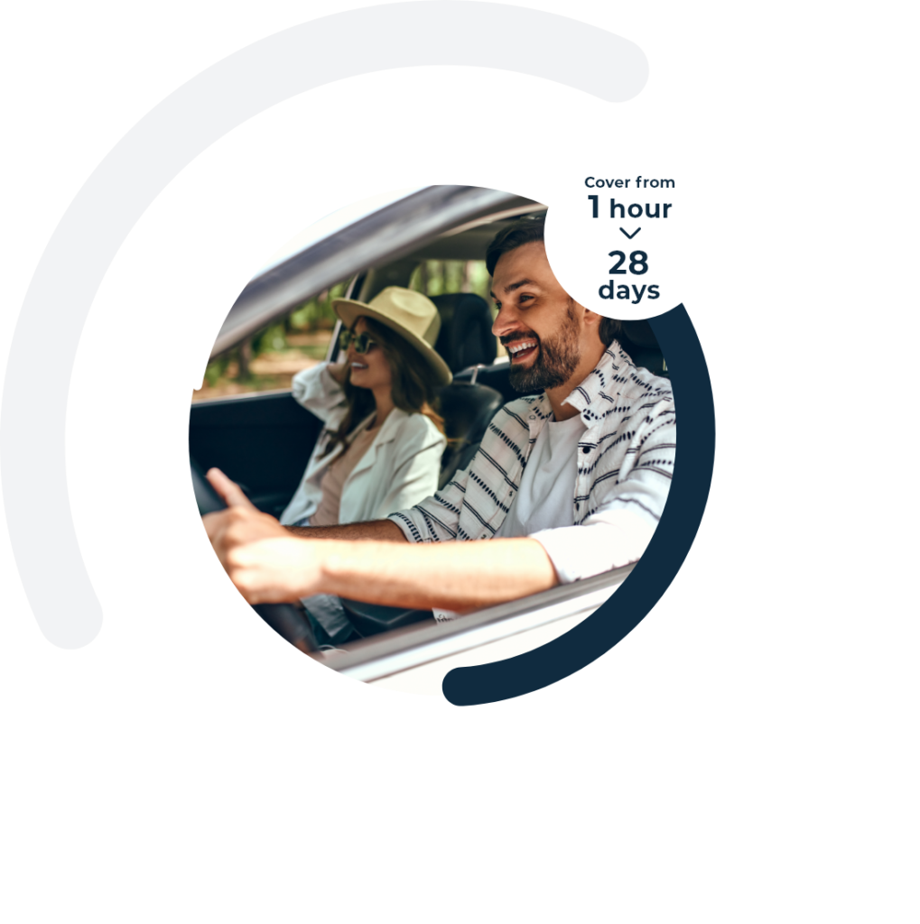 cover from 1 hour to 28 days icon over a couple driving inside the one day insurance logo