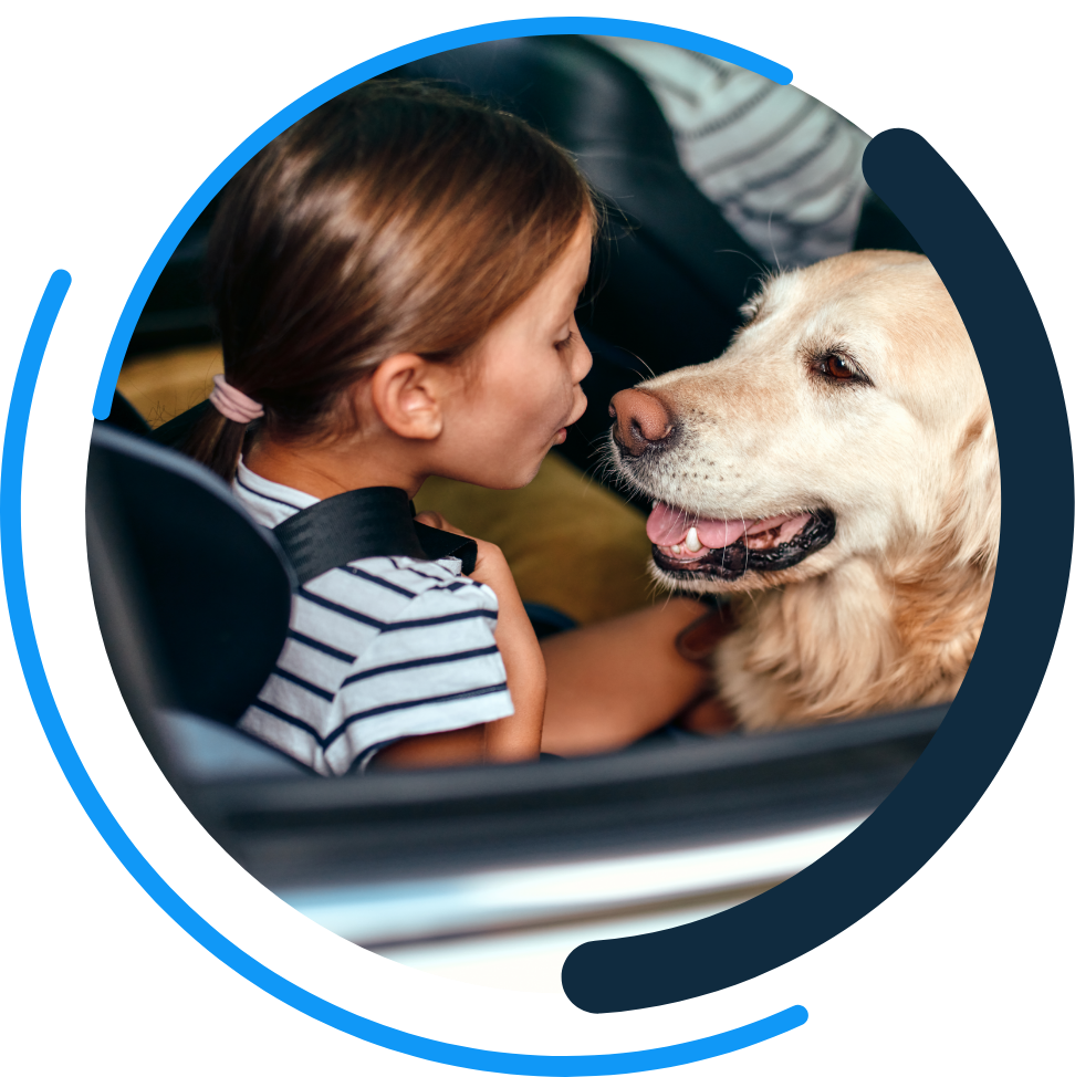 a young girl and a dog inside of the one day insurance logo