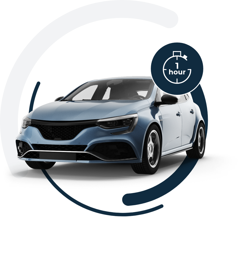 blue grey car in front of one day insurance logo with a 1 hour icon