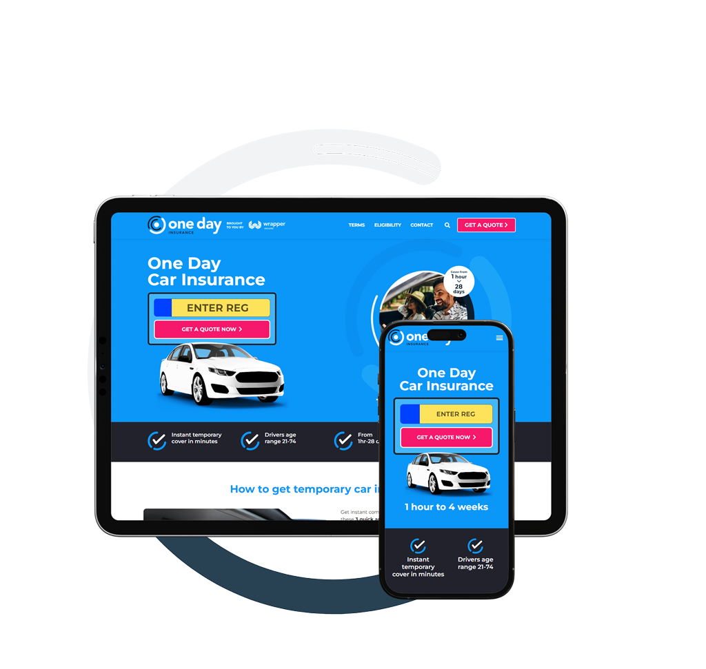 One Day car insurance website on two different Devices, a tablet and a phone