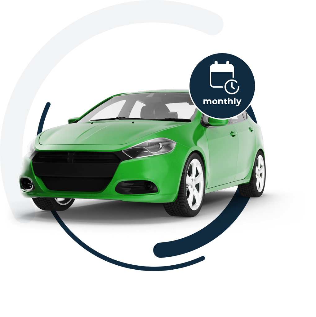 green car in front of one day insurance logo with a monthly icon