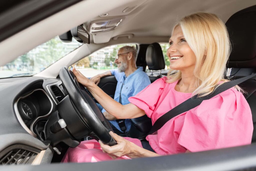 lady test driving a car