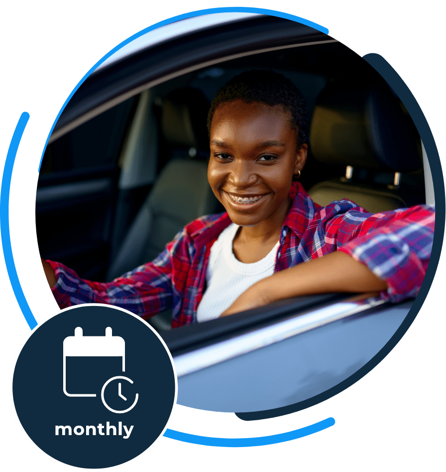 monthly car insurance icon on top of a woman in a car