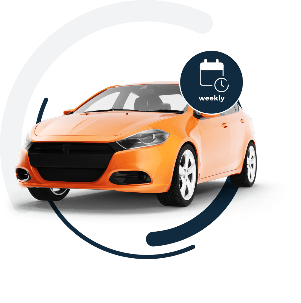 orange car in front of one day insurance logo with a weekly icon